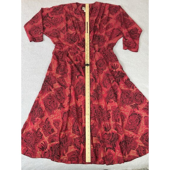 On The Rocks Vintage Dress Women's 11/12 Red Black Gold Floral Print 80s Pockets - Picture 8 of 15